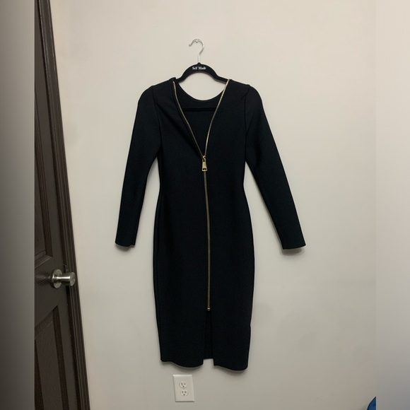 LONG SLEEVE ZIP BACK SLIT BODYCON BANDAGE MIDI DRESS - BLACK - Picture 15 of 17